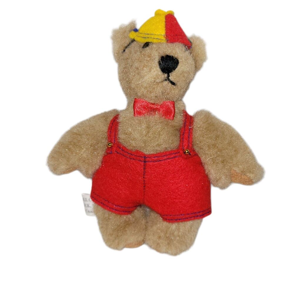 Effanbee Doll Co Plush Bear 5" High Red Overalls Beanie Hat Red Bow Tie Hang Tag